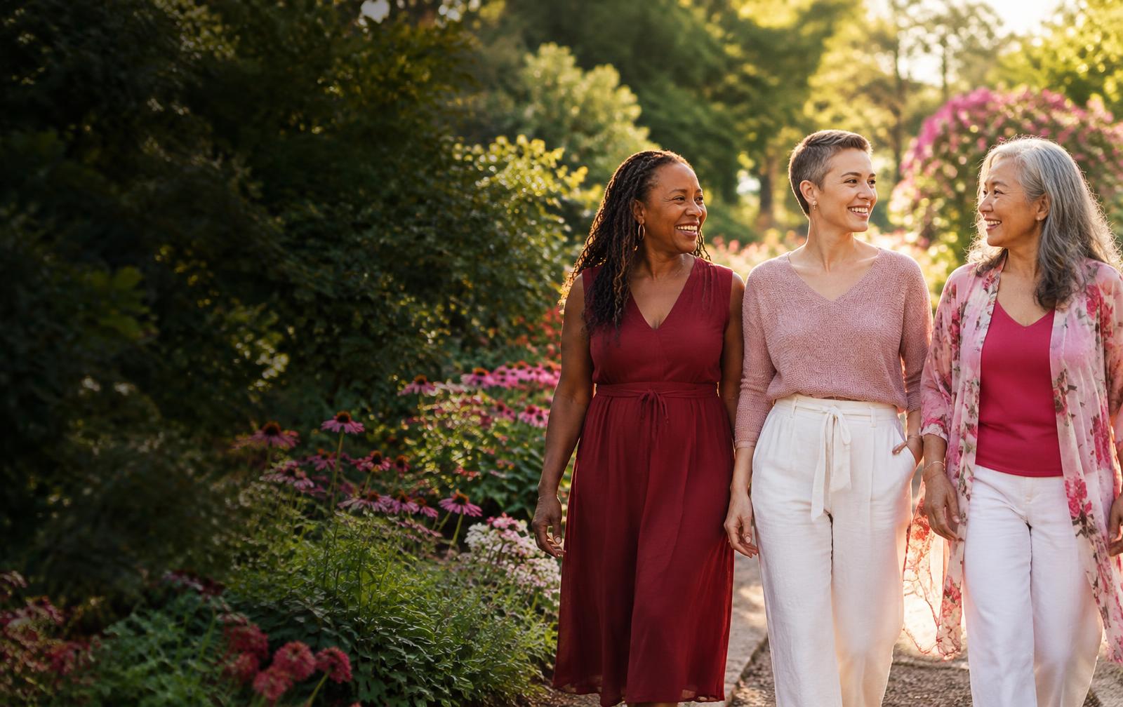 Illustrative portrait of three women walking together in a sunlit garden