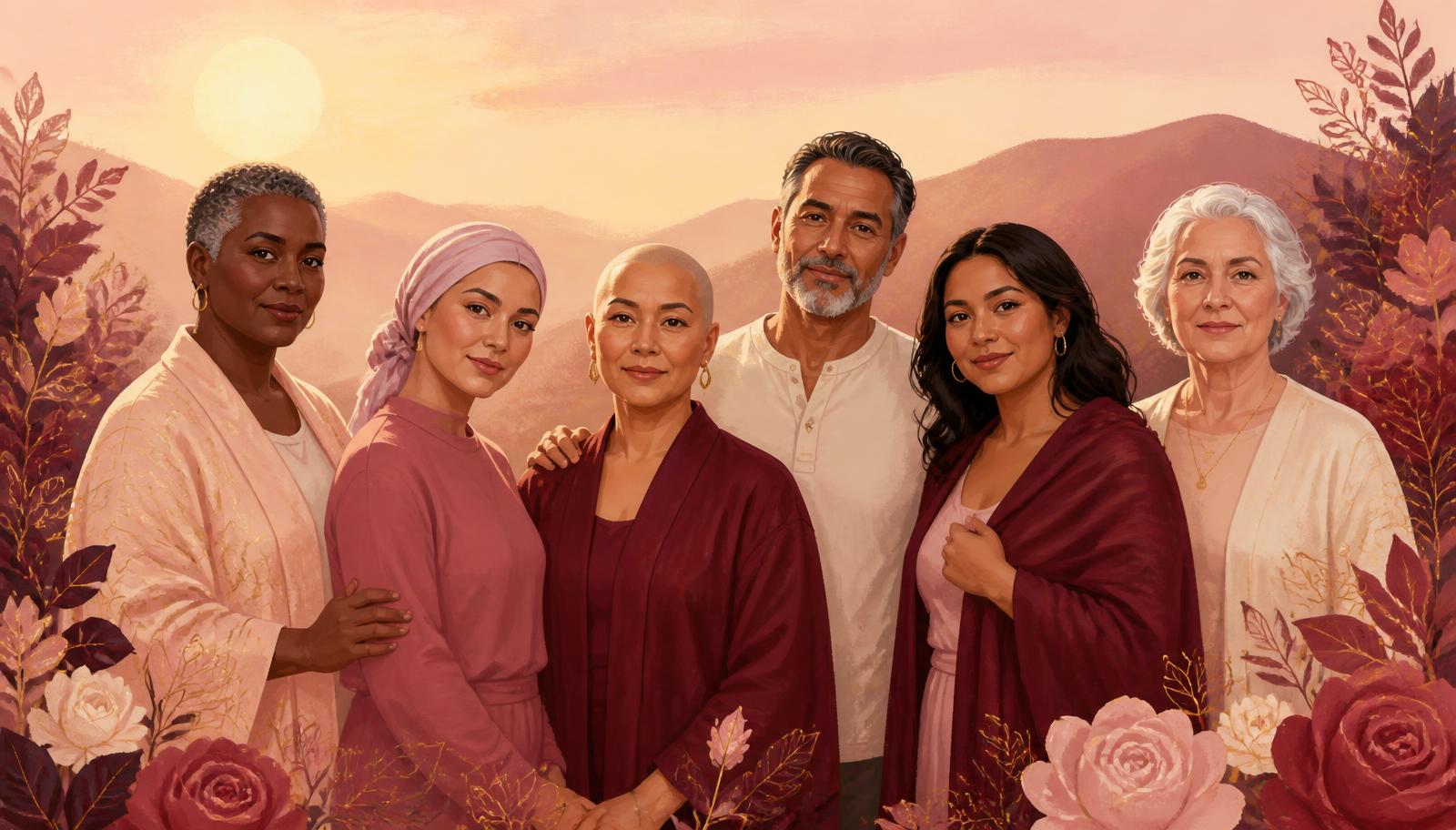 Illustration of a diverse group of cancer survivors standing together in warm morning light